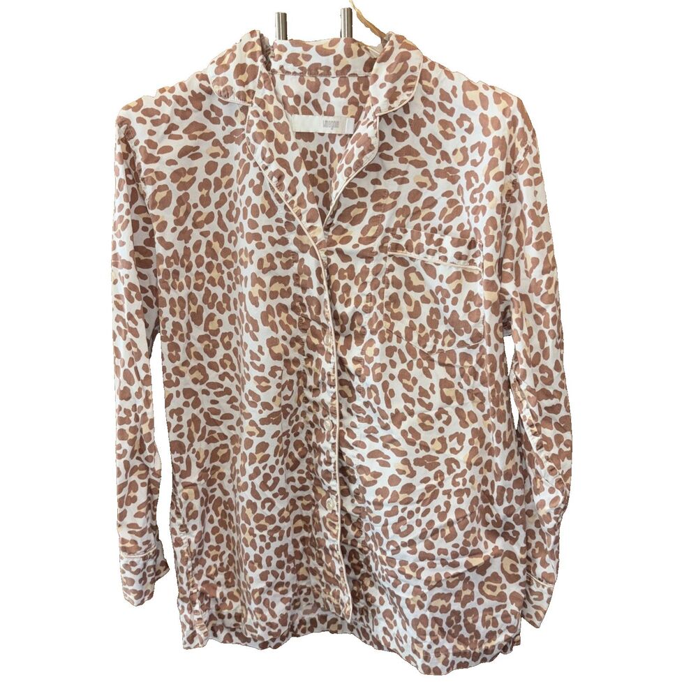 I. MAGNIN Vintage Pajama Top Only Animal Print S Buttons Cotton Long Sleeve Tan